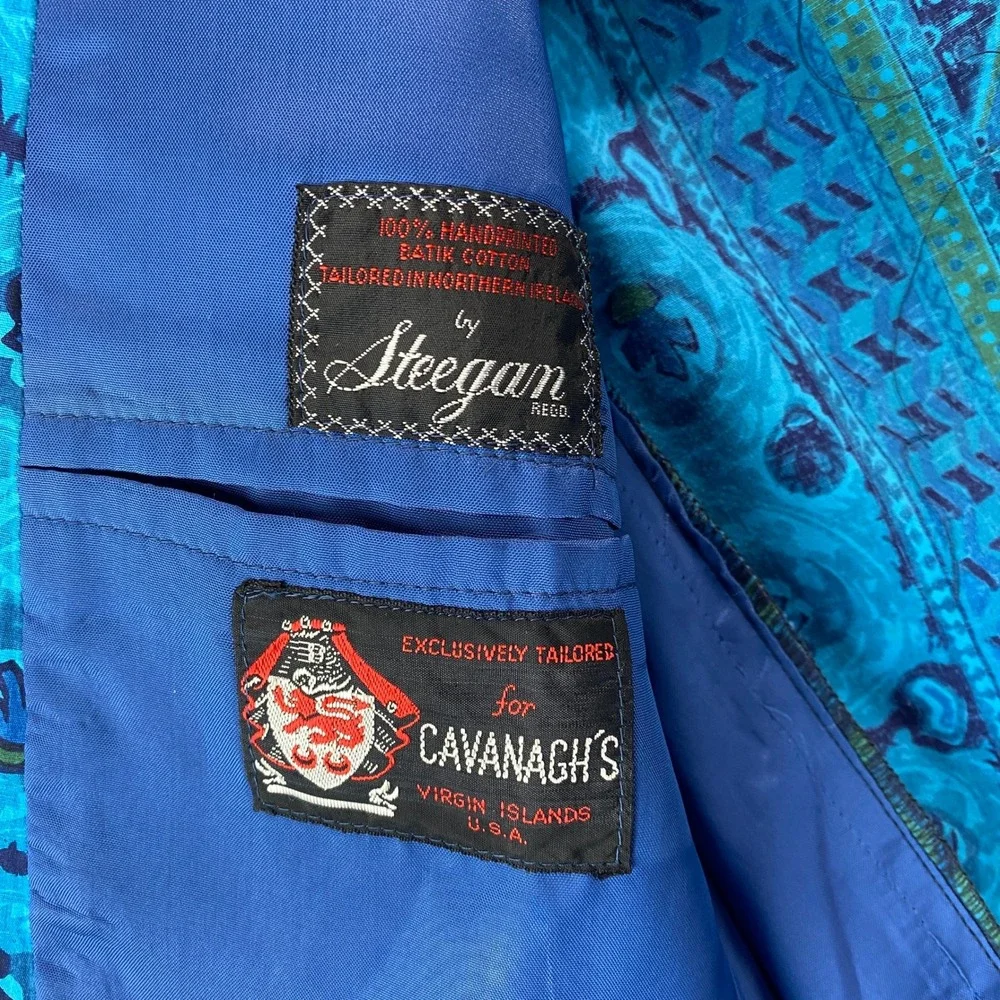 VTG Rare Steegan Handprinted Batik Cotto Men 40 Blue Geometric Sport Coat Ornate